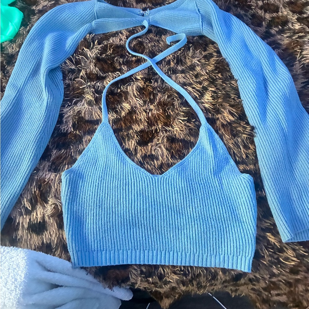 Cider Ribbed Knit Halter Top in Light Blue